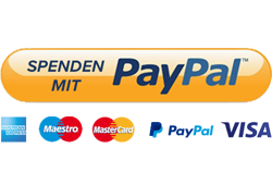 Button "Spenden mit PayPal", darunter die Logos von American Express, Maestro, MasterCard, PayPal und VISA