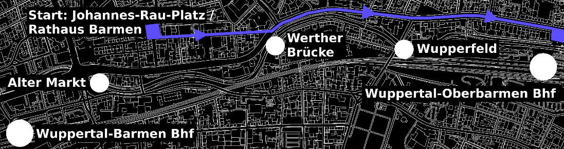 Ein Stadtplan mit dem Bereich zwischen dem Bahnhof Wuppertal Barmen und dem Bahnhof Wuppertal Oberbarmen, in welchem der Startpunkt (Johannes-Rau-Platz / Rathaus Barmen) und die Route der Demo eingezeichnet ist. Diese geht östlich über den Werth und dann östlich über die B7 bis zum Berliner Platz. Zur Orientierung sind die Schwebebahnstationen Alter Markt, Werther Brücke und Wupperfeld beschriftet.