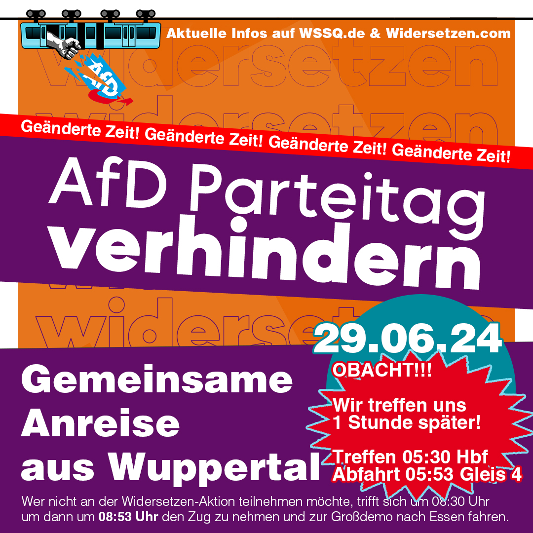 Lila Blöcke auf orangenem Hintergrund auf dem „widersetzen steht“. Darüber ist das Logo von Wuppertal stellt sich quer mit einer Schwebebahn aus der eine Faust kommt und das AfD-Logo zerschlägt. Text in caption.